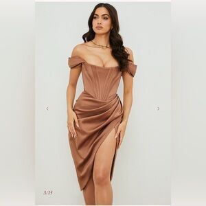 House Of CB Loretta Toffee Satin Off Shoulder Dress. Size Large